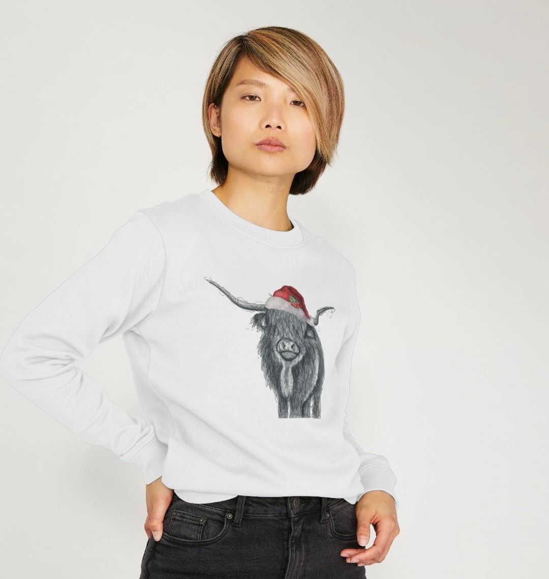 Woman's Crew Neck Festive Highland Cow Sweater Certified Organic Cotton