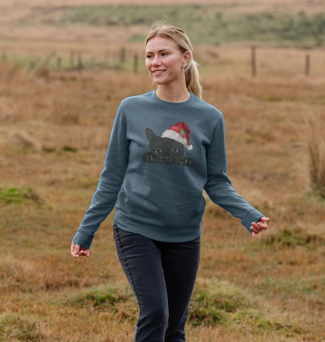 Woman's Crew Neck Festive Cat Sweater Certified Organic Cotton