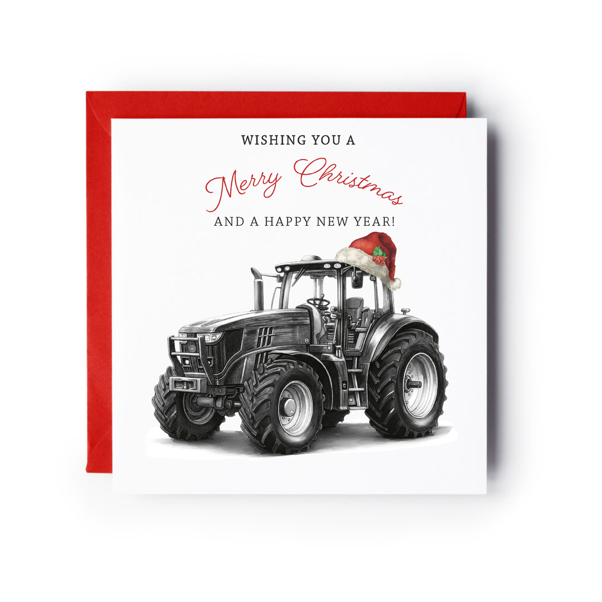 Red hat tractor Christmas card with red envelope