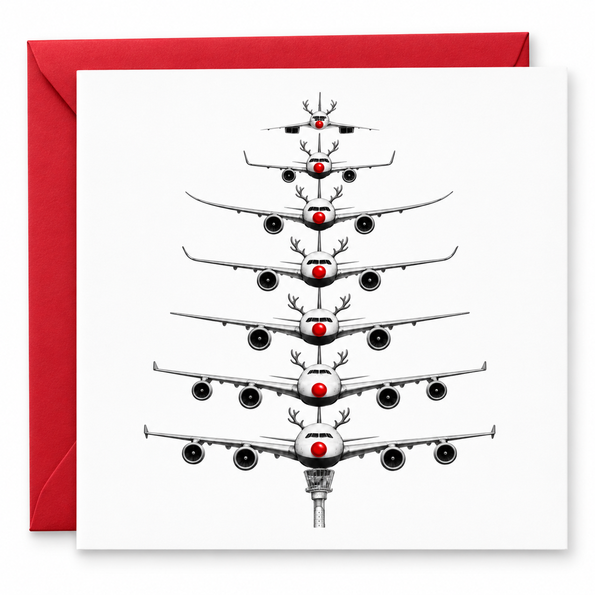 Reindeer aircraft Christmas tree card with control tower and red envelope