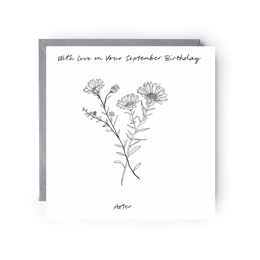 September – Aster Birthday Card | Hand-Drawn Aster Illustration | Whimsical & Elegant Art