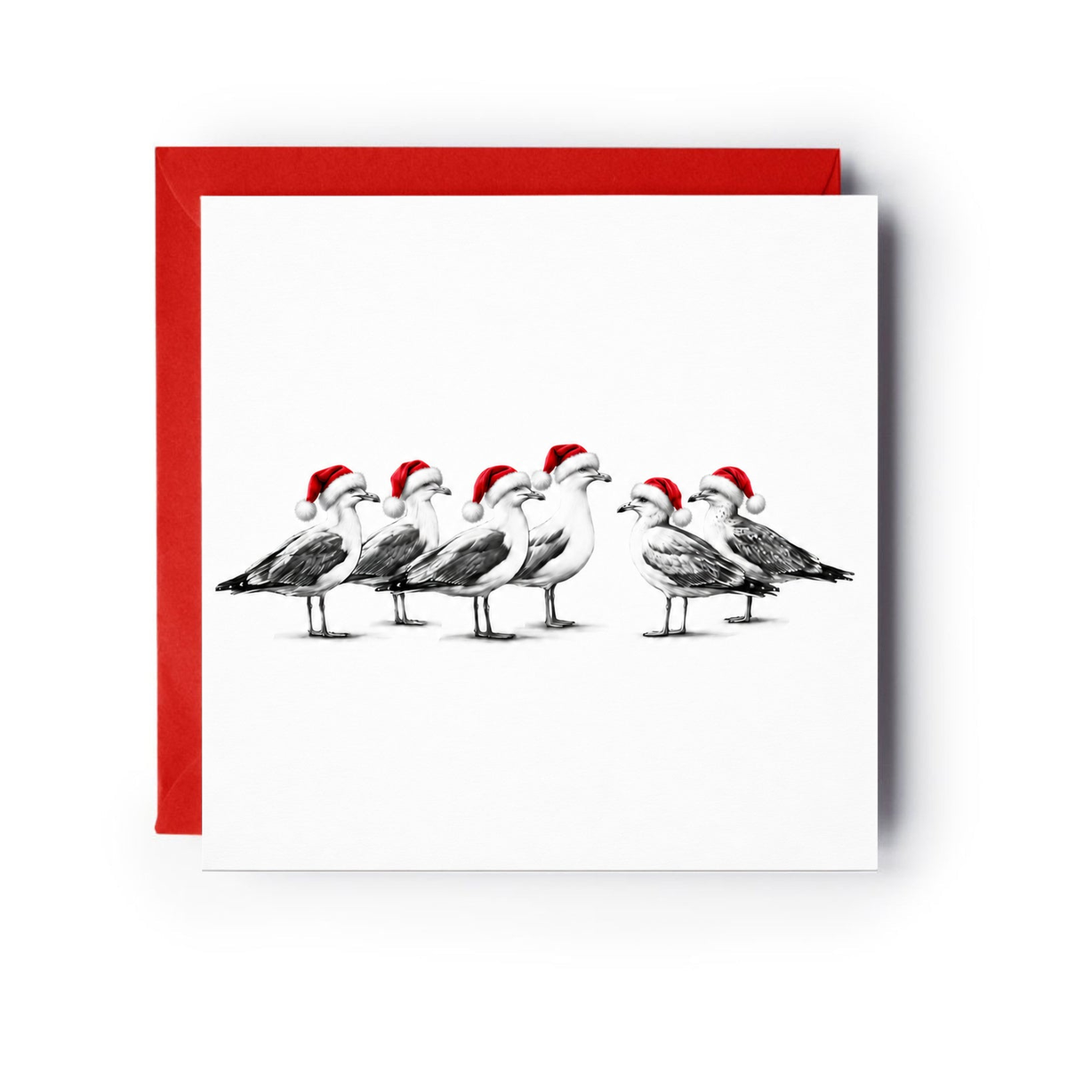 Six seagulls wearing red Santa hats on a Christmas card with a red envelope