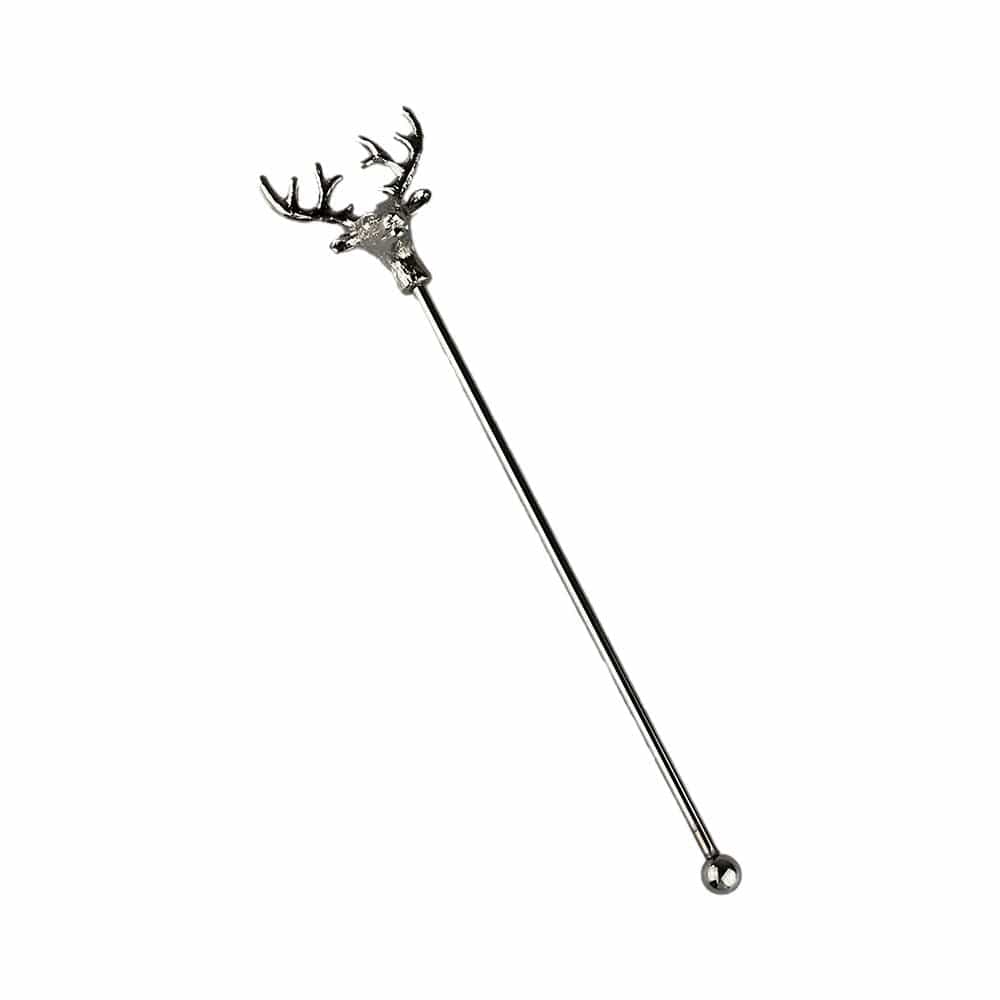 A stainless steel drinks stirrer featuring a finely crafted stag design at the top, showcasing intricate details of the stag’s antlers and face, perfect for adding a touch of elegance to cocktails or beverages.