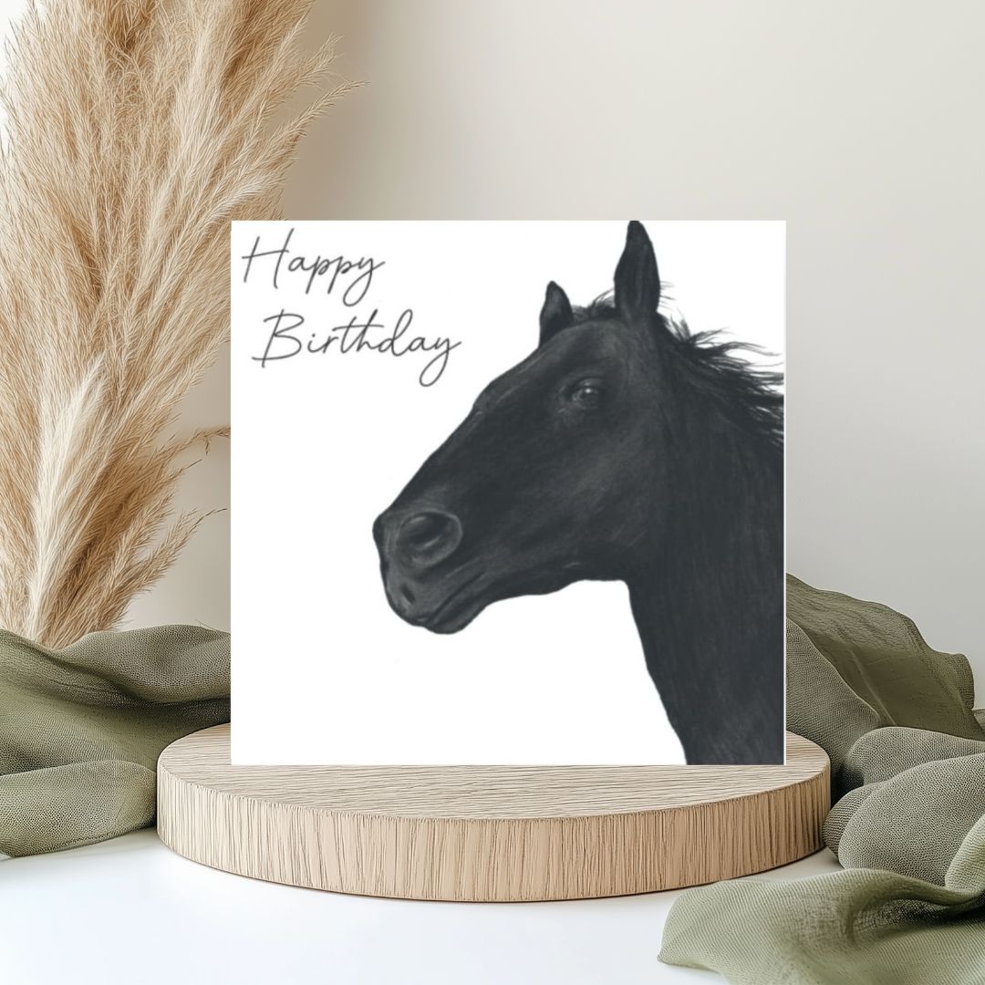A Happy Birthday Stribor the Horse Card featuring a detailed hand-drawn illustration of Stribor, a majestic horse. The design captures the elegance and beauty of the horse, making it a perfect card to celebrate a birthday for animal lovers.