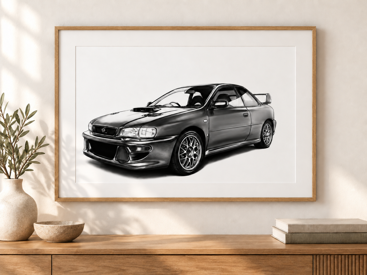 Subaru Impreza print with white mount and oak frame