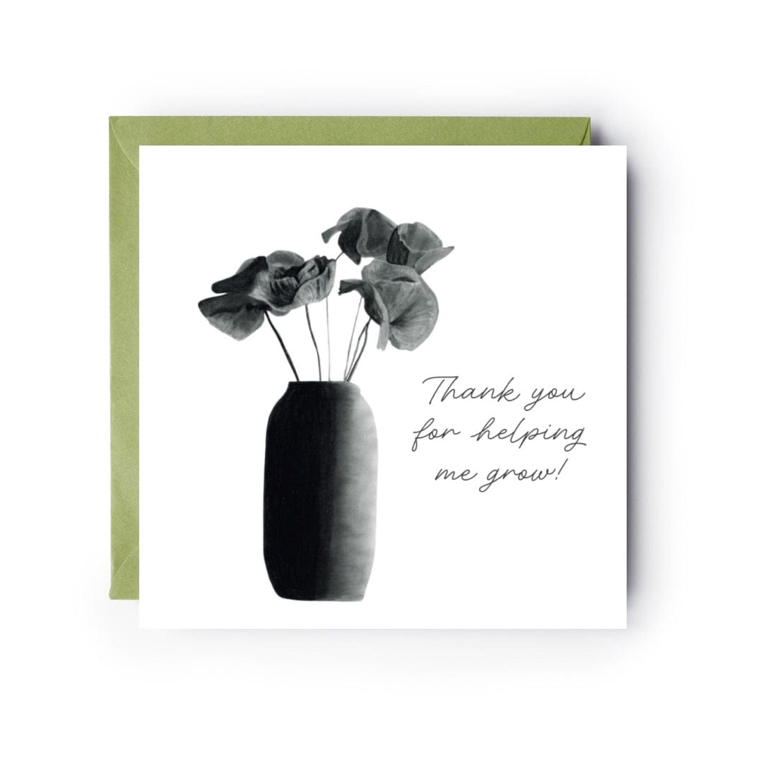 A heartfelt teacher card featuring a beautiful design with the words "Thank You For Helping Me Grow" and an illustration of a blooming plant, symbolizing growth and support. The card is perfect for expressing gratitude to a teacher for their dedication and care