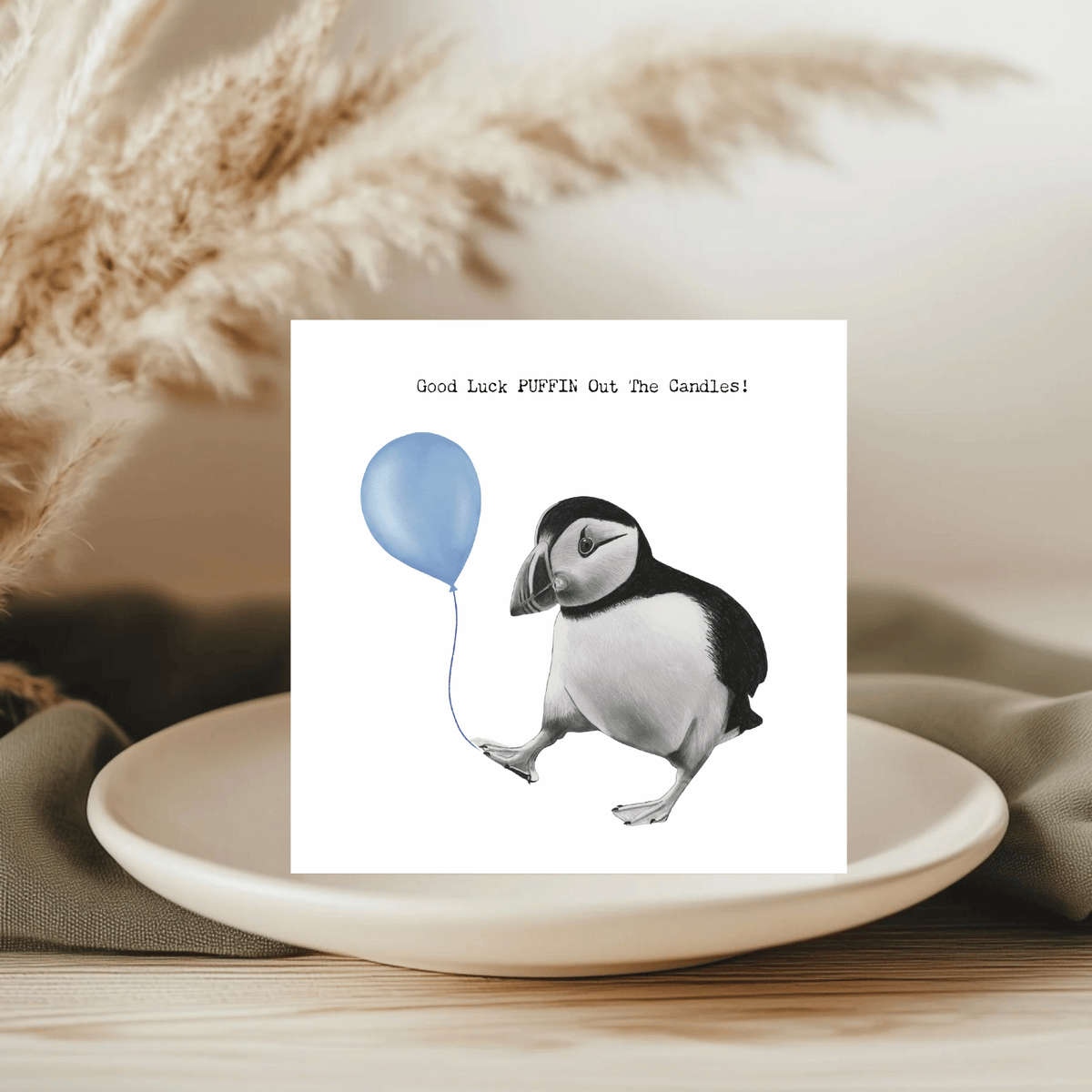 Birthday Puffin – Hand-Drawn Puffin Greeting Card with Blue Balloon | Whimsical & Charming Art