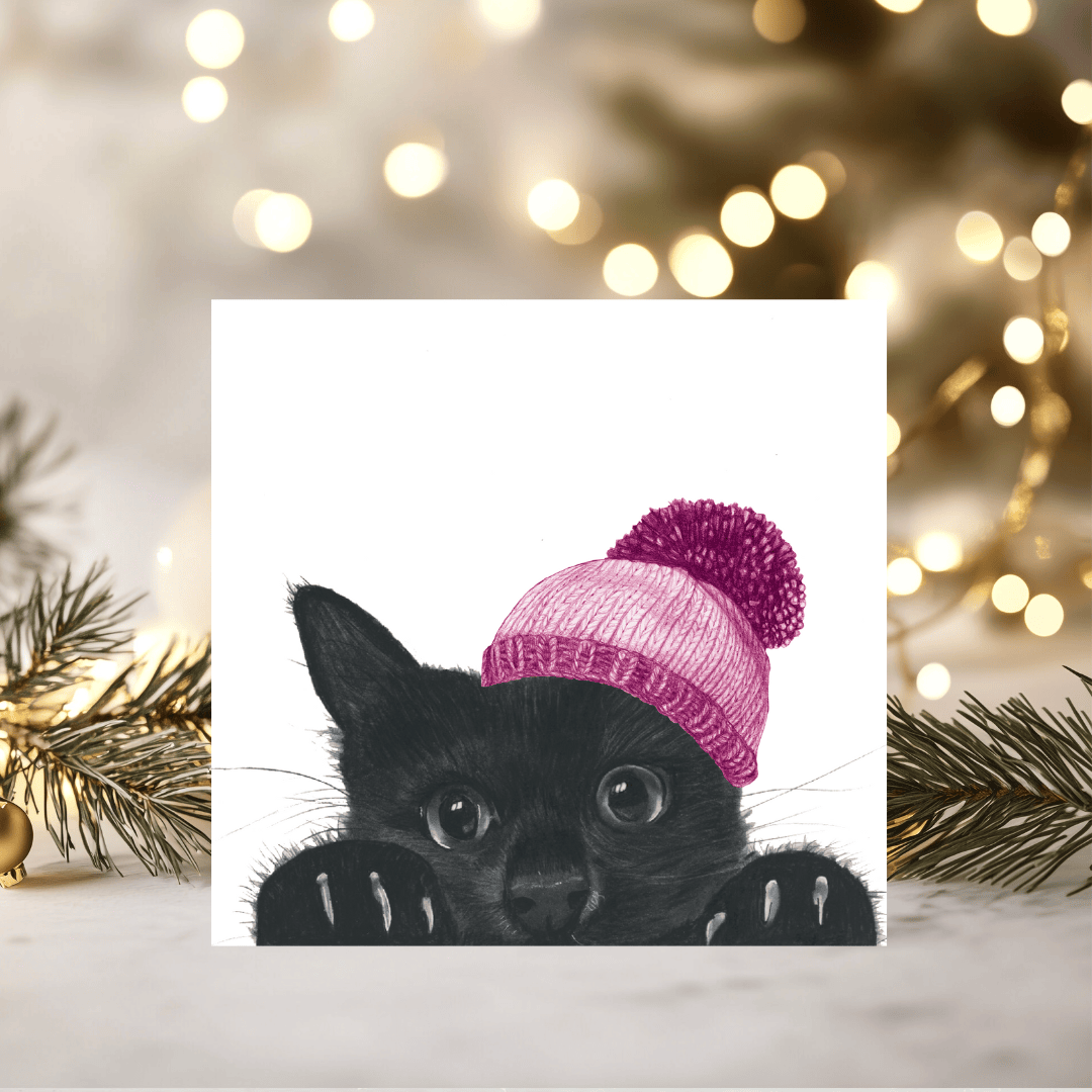 Winter Kitten Christmas Card – Purrfectly Cosy in Pink