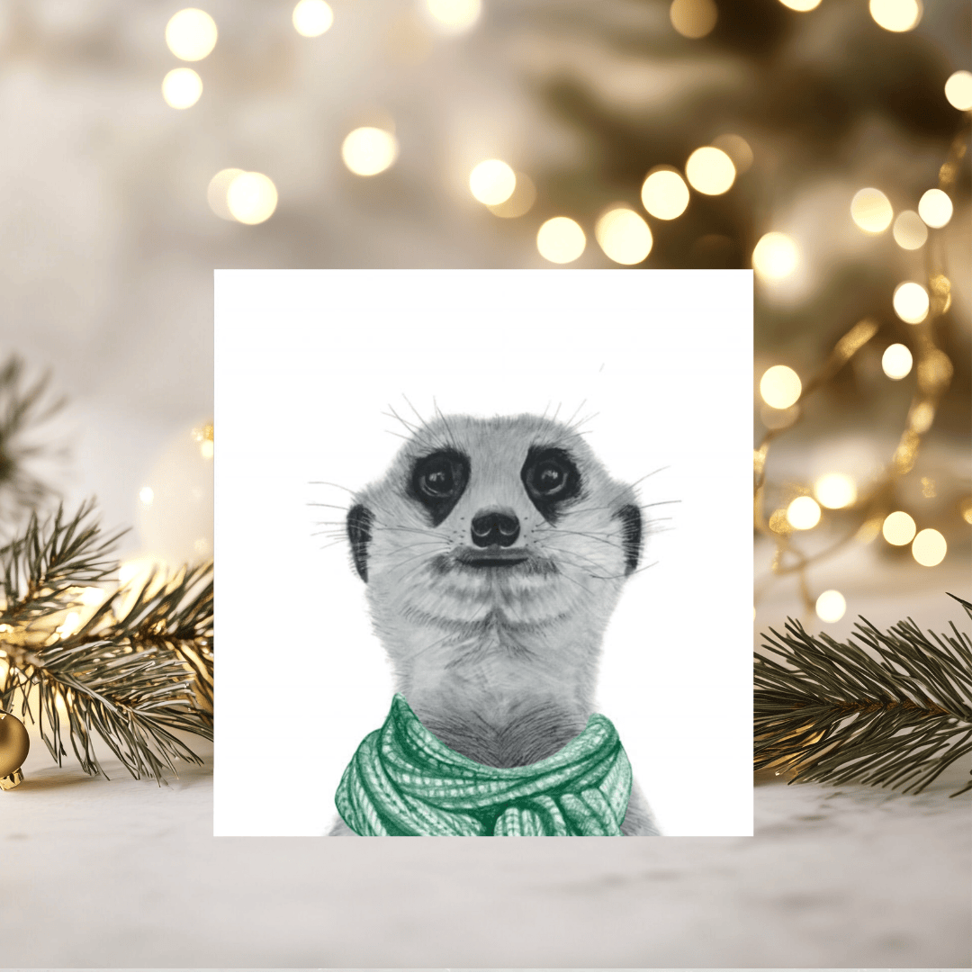 Winter Meerkat Christmas Card – Standing Tall & Snug in Green