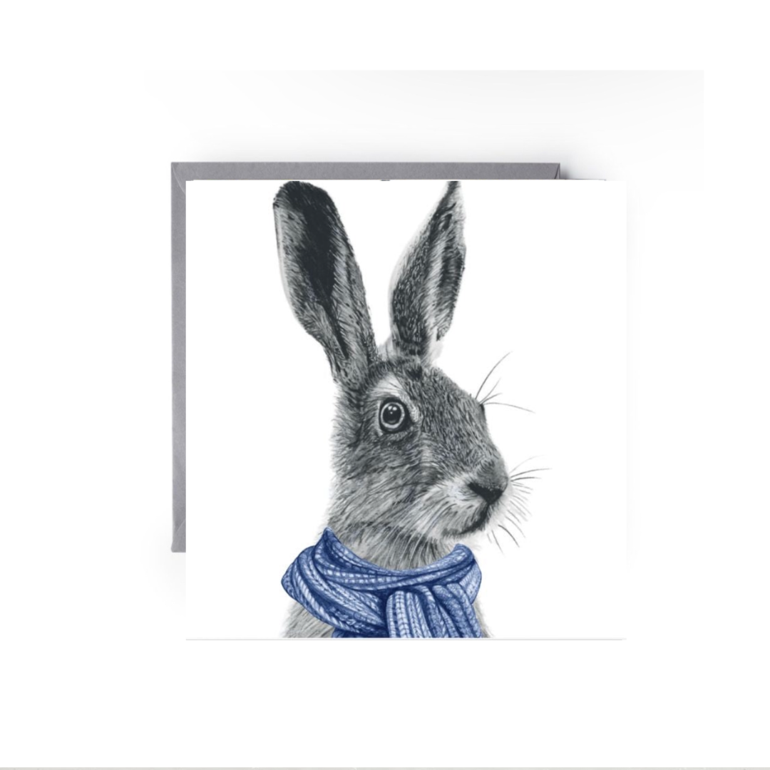 Winter Hare Christmas Card – Wrapped Up in Blue