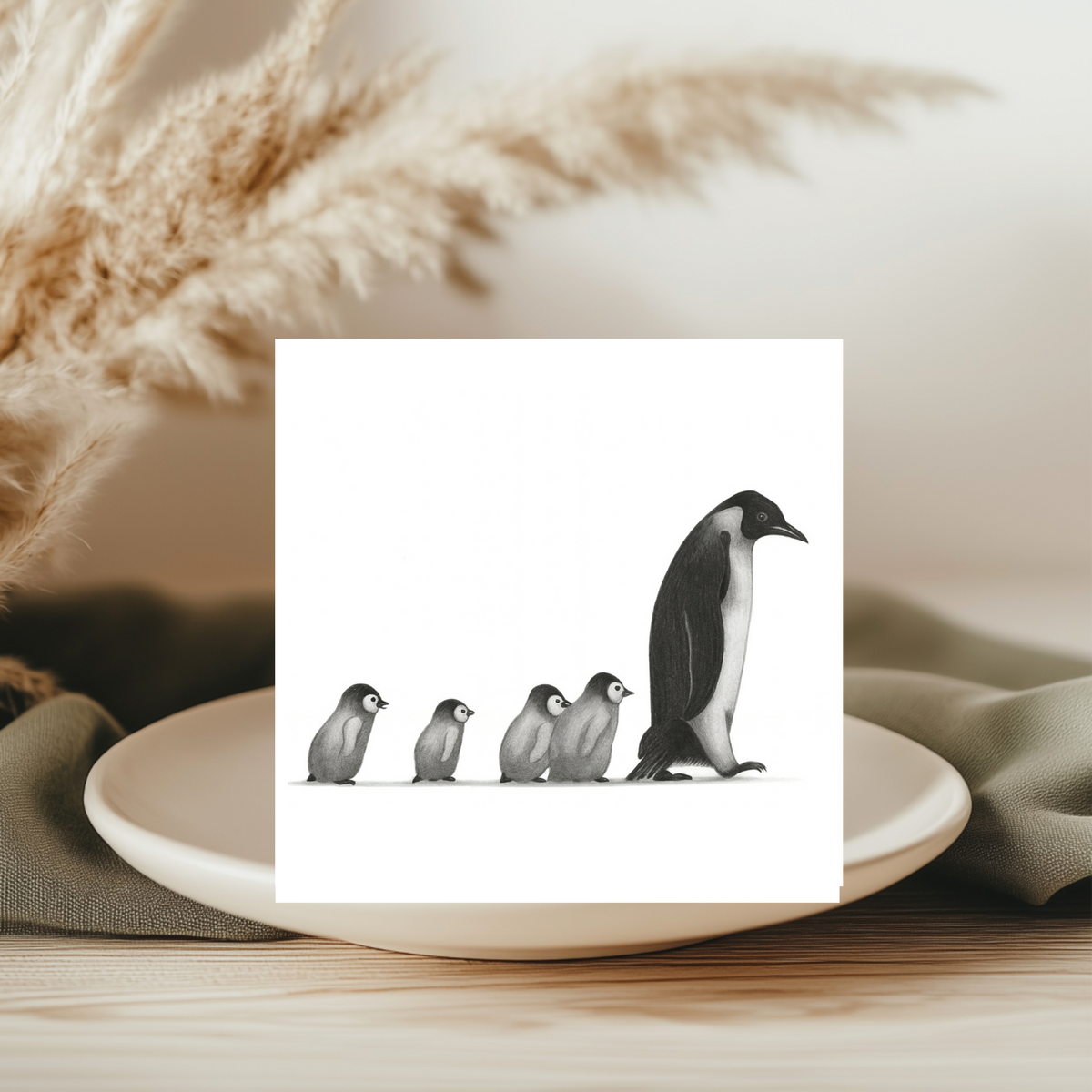 Penguin Walk Hand-Drawn Greeting Card | Whimsical & Elegant Art