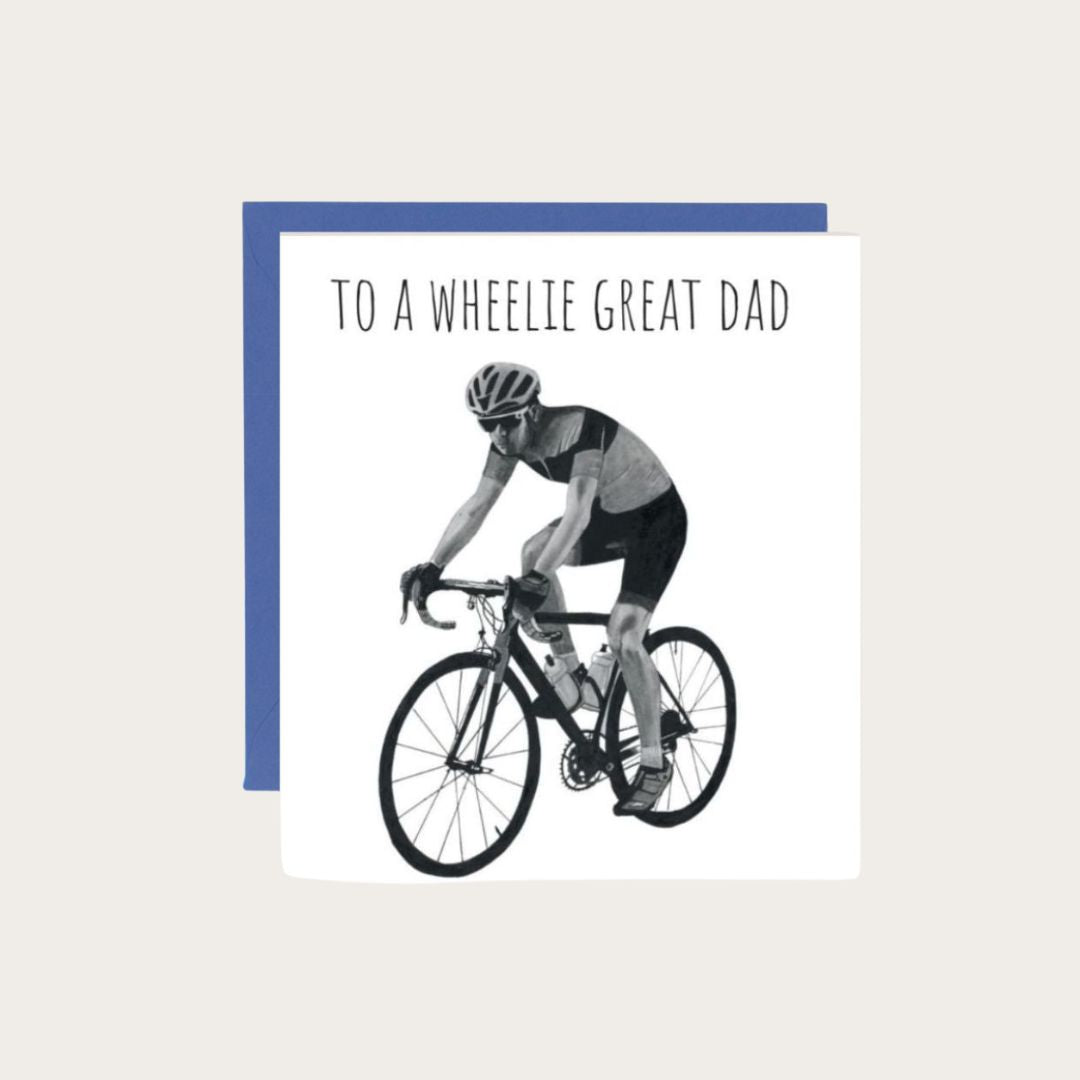 Father’s Day card featuring a playful bicycle design with the message 'To A Wheelie Great Dad,' ideal for cycling enthusiasts