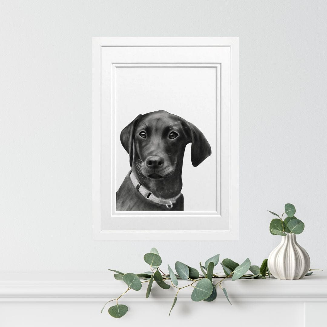 A white-framed "Labrador Dog" hand-drawn Fine Art Print by Libra Fine Arts, displayed on a wall next to lush greenery. The crisp white frame enhances the detailed drawing of the loyal Labrador, creating a stunning contrast against the vibrant plants nearby. The combination of the soft artwork and the natural greenery brings warmth and tranquility to any space, making it a perfect addition to a living room, hallway, or home office. This charming piece is ideal for dog lovers and those looking to add a touch