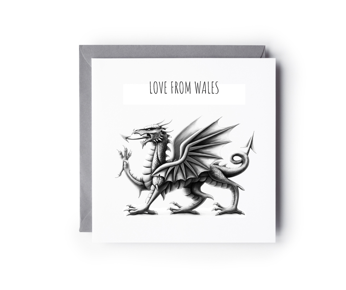 With Love From Wales – Welsh Dragon Hand-Drawn Greeting Card | Bold & Playful Art