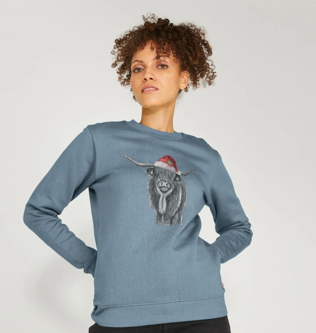 Woman's Crew Neck Festive Highland Cow Sweater Certified Organic Cotton