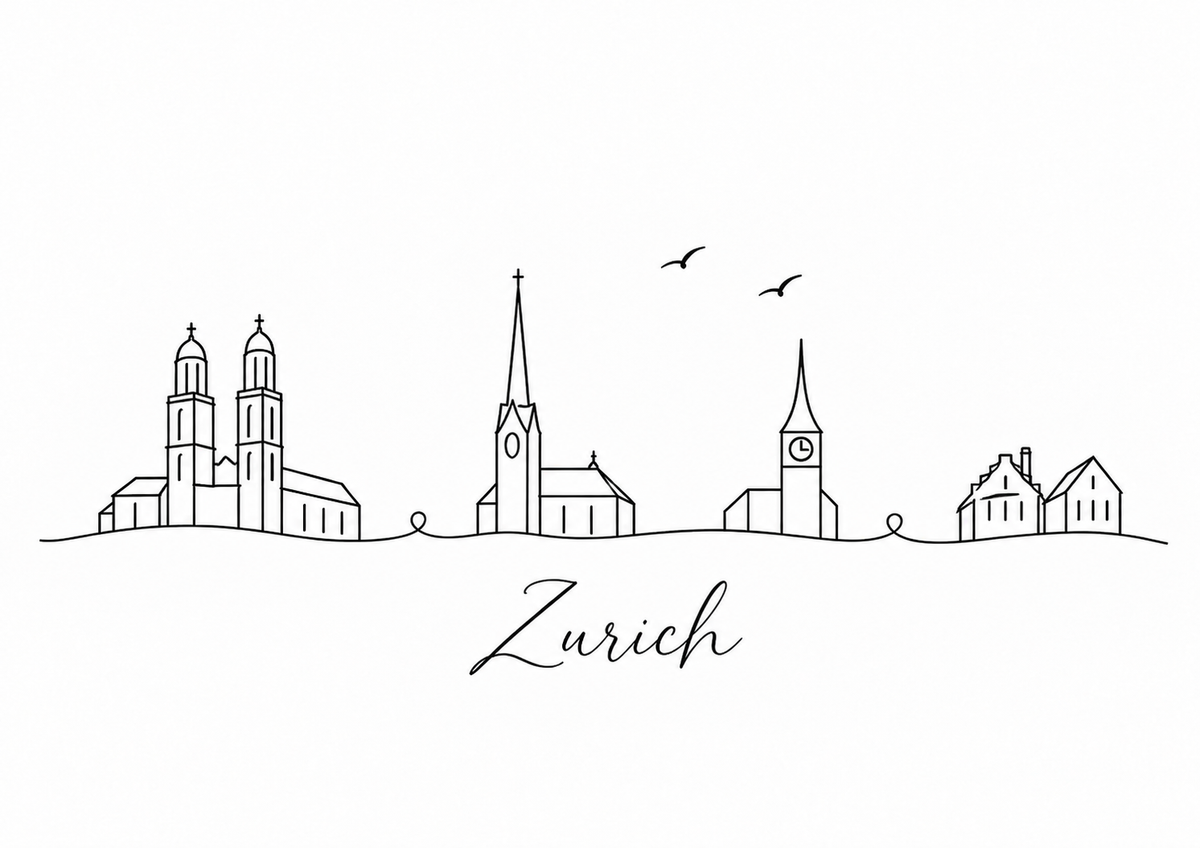 Zurich skyline artwork featuring black line landmarks and city lettering on a white background