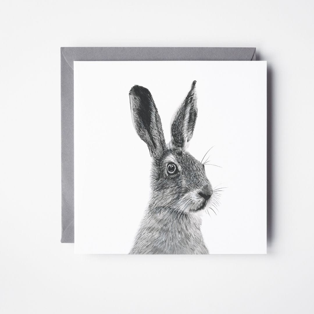Floras the Hare Greeting Card from Libra Fine Arts, featuring a hand-drawn hare illustration, paired with a grey envelope – a perfect countryside wildlife gift.