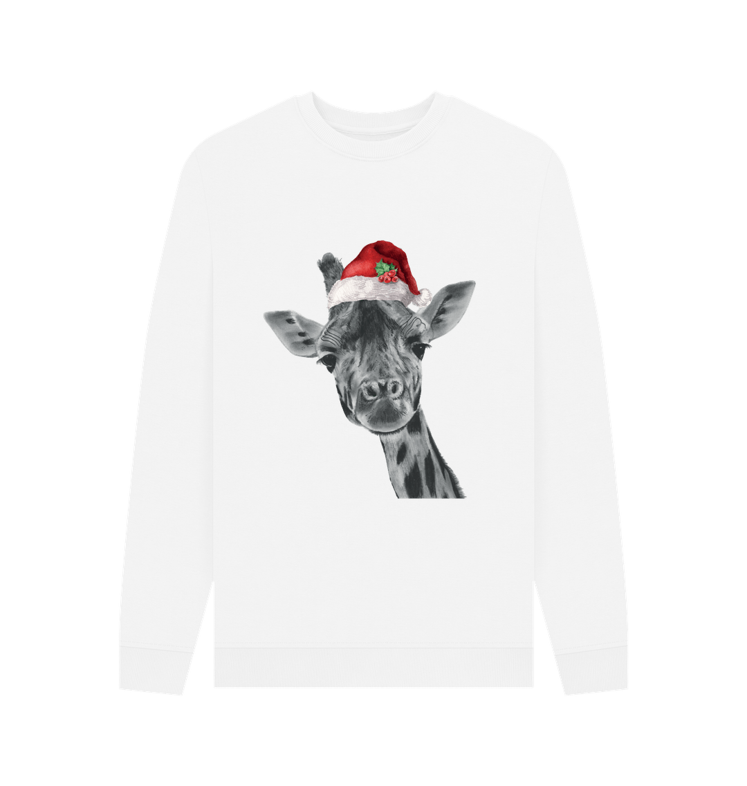 White Men's Crew Neck Festive Giraffe Sweater Certified Organic Cotton