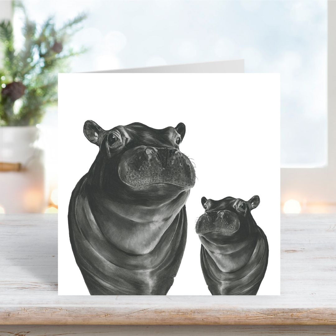 A Hand Drawn Hippo and Baby Greeting Card From Libra Fine Arts  Edit alt text