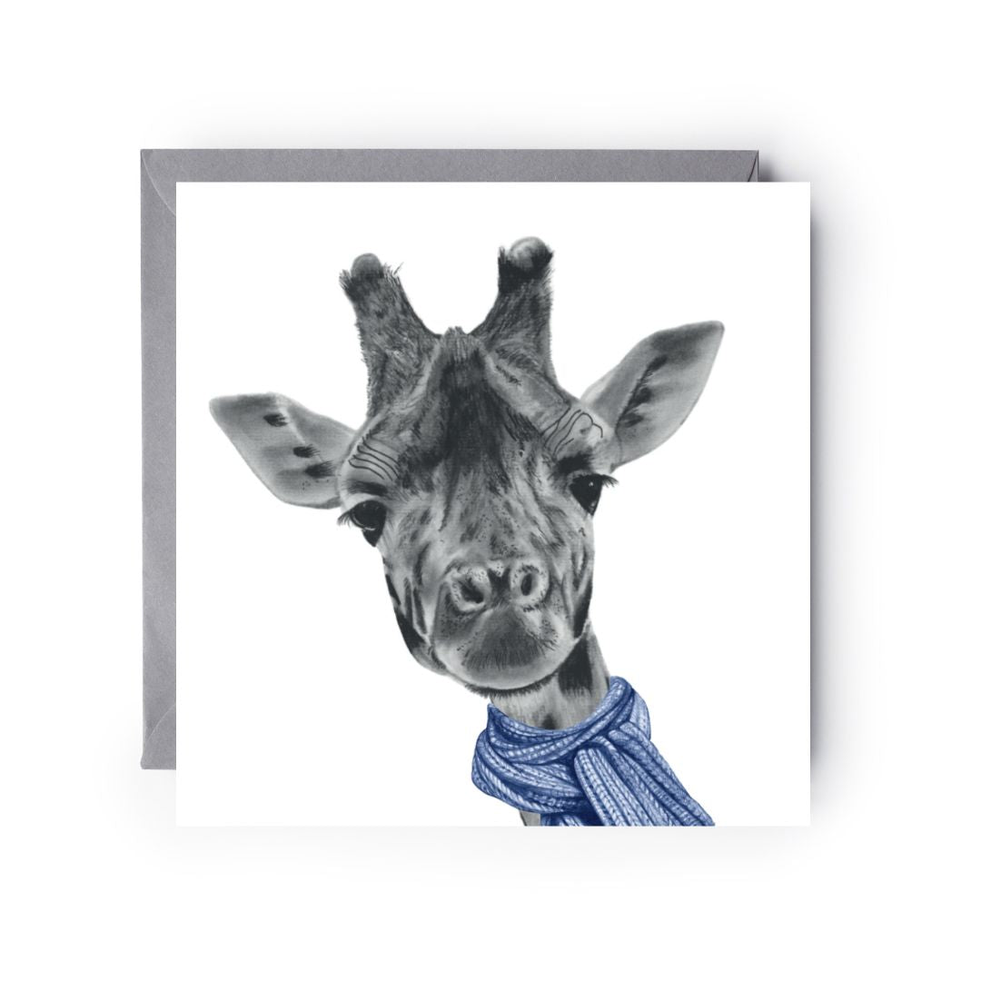 Hand-drawn greeting card of a giraffe wearing a warm blue scarf.

