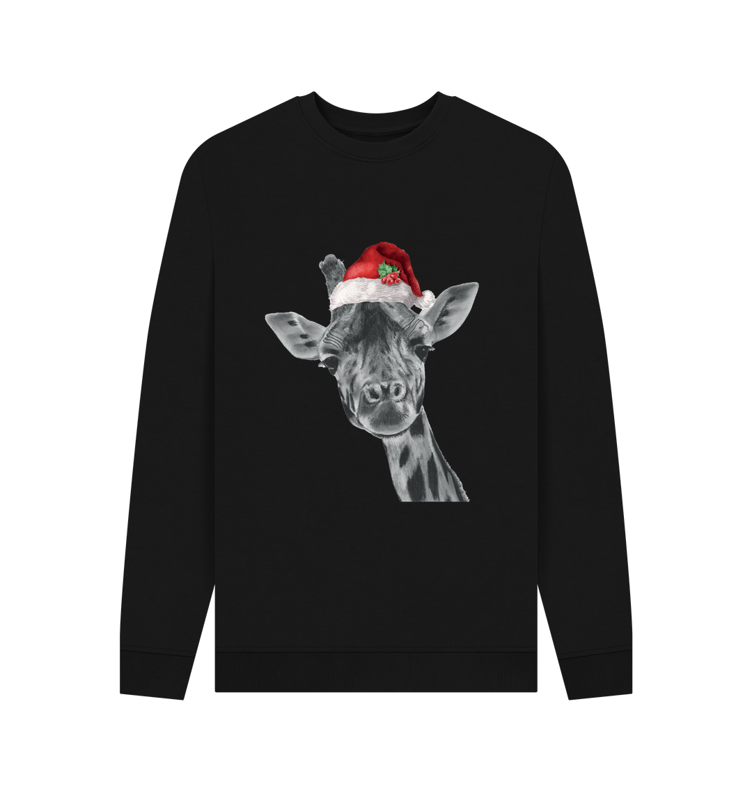 Black Men's Crew Neck Festive Giraffe Sweater Certified Organic Cotton