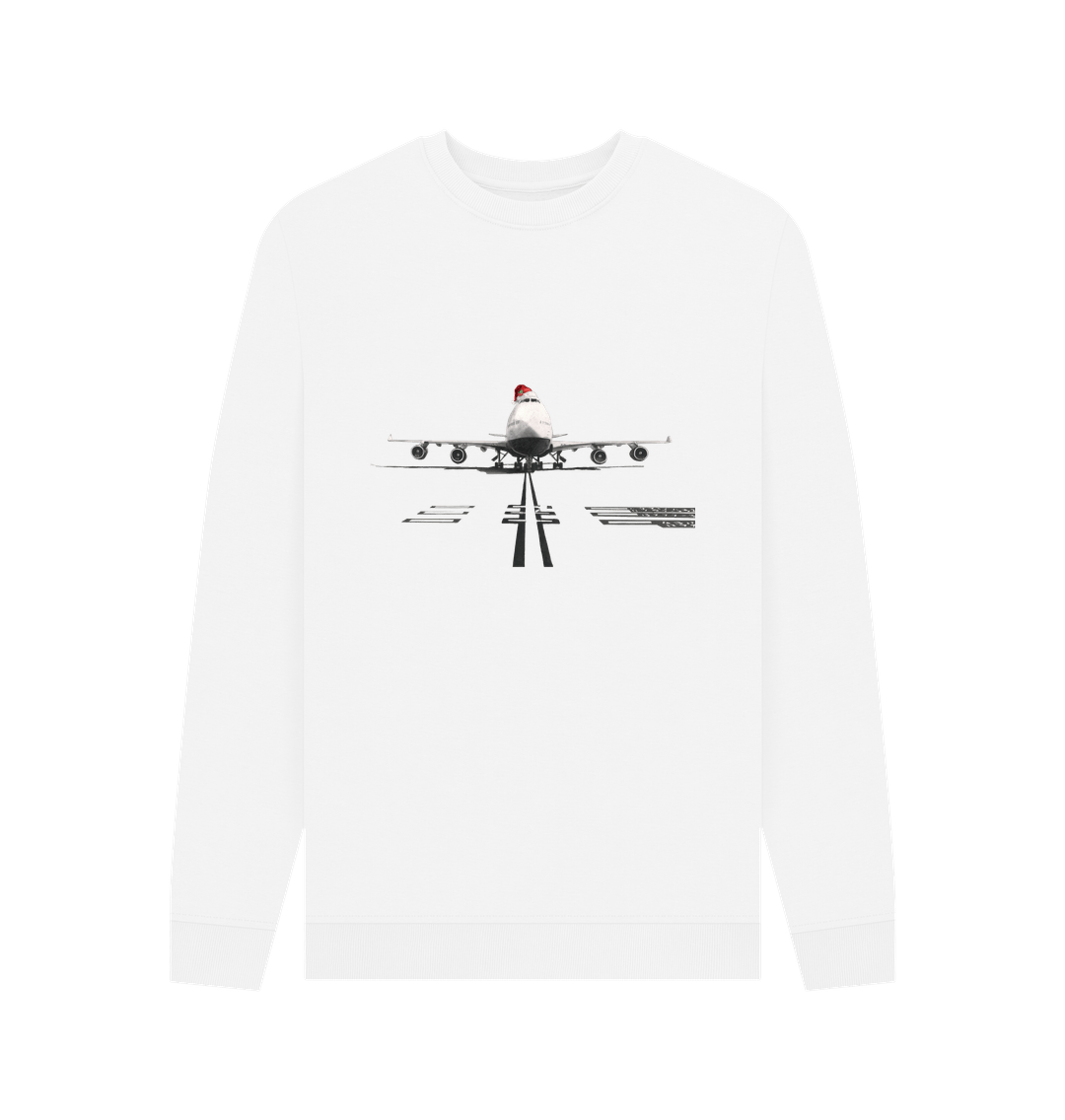 White Men's Crew Neck Festive 747 Aircraft Sweater Certified Organic Cotton