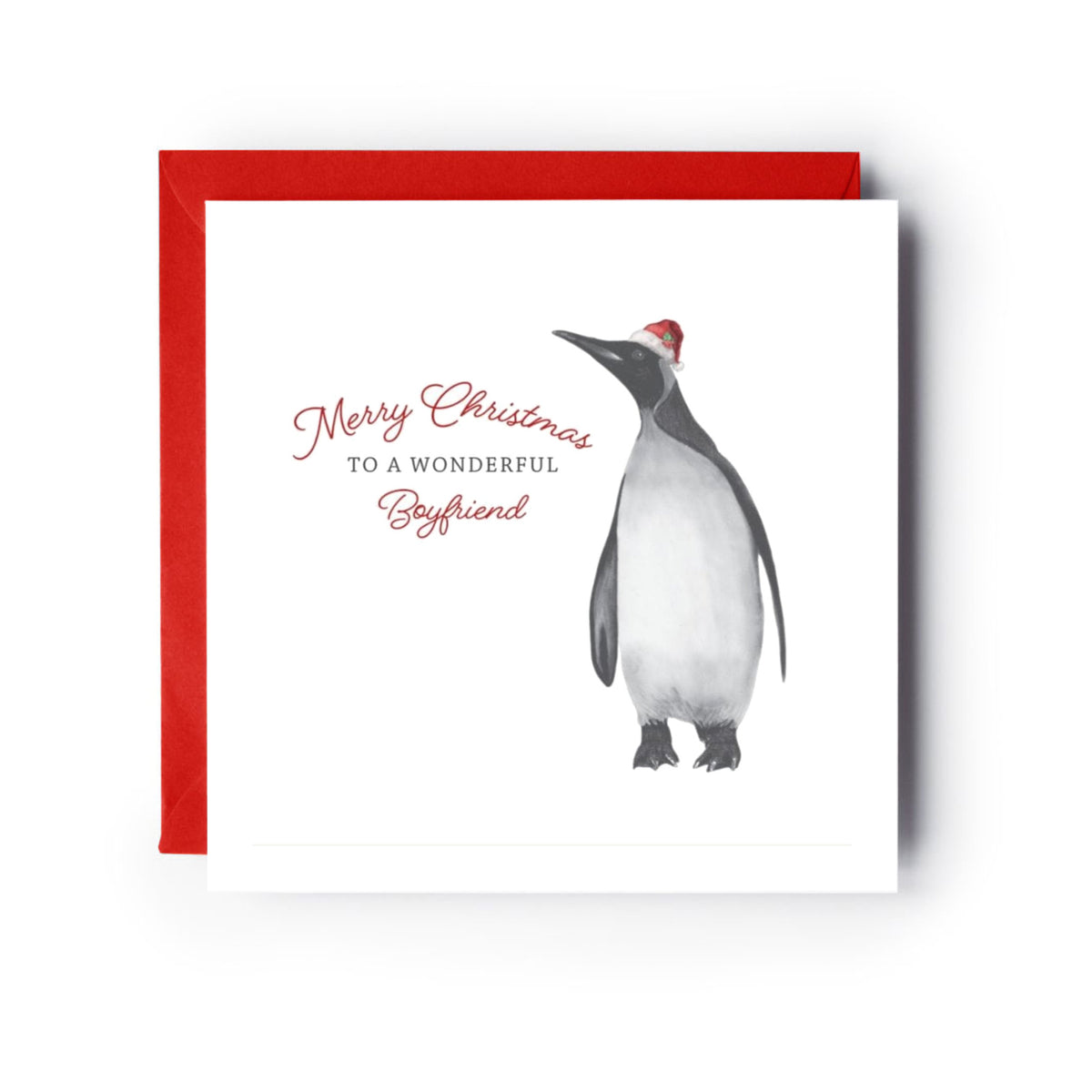 Merry Christmas To A Wonderful Boyfriend Festive Penguin Christmas Card — card with red envelope