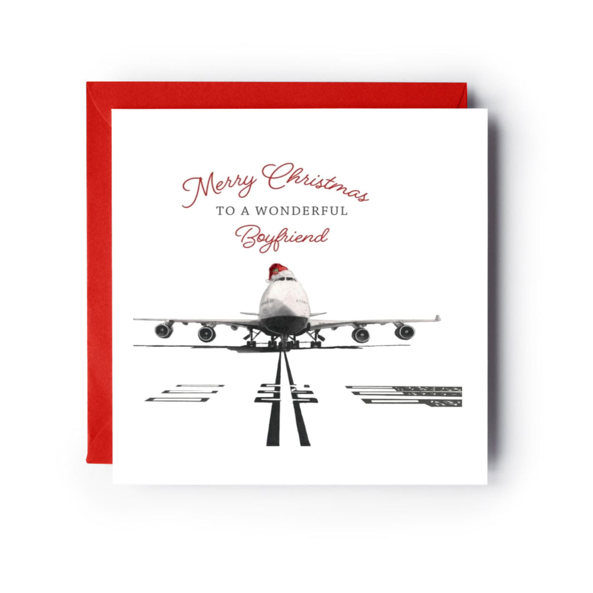 Merry Christmas To A Wonderful Boyfriend Festive Boeing 747 Aircraft Christmas Card — card with red envelope