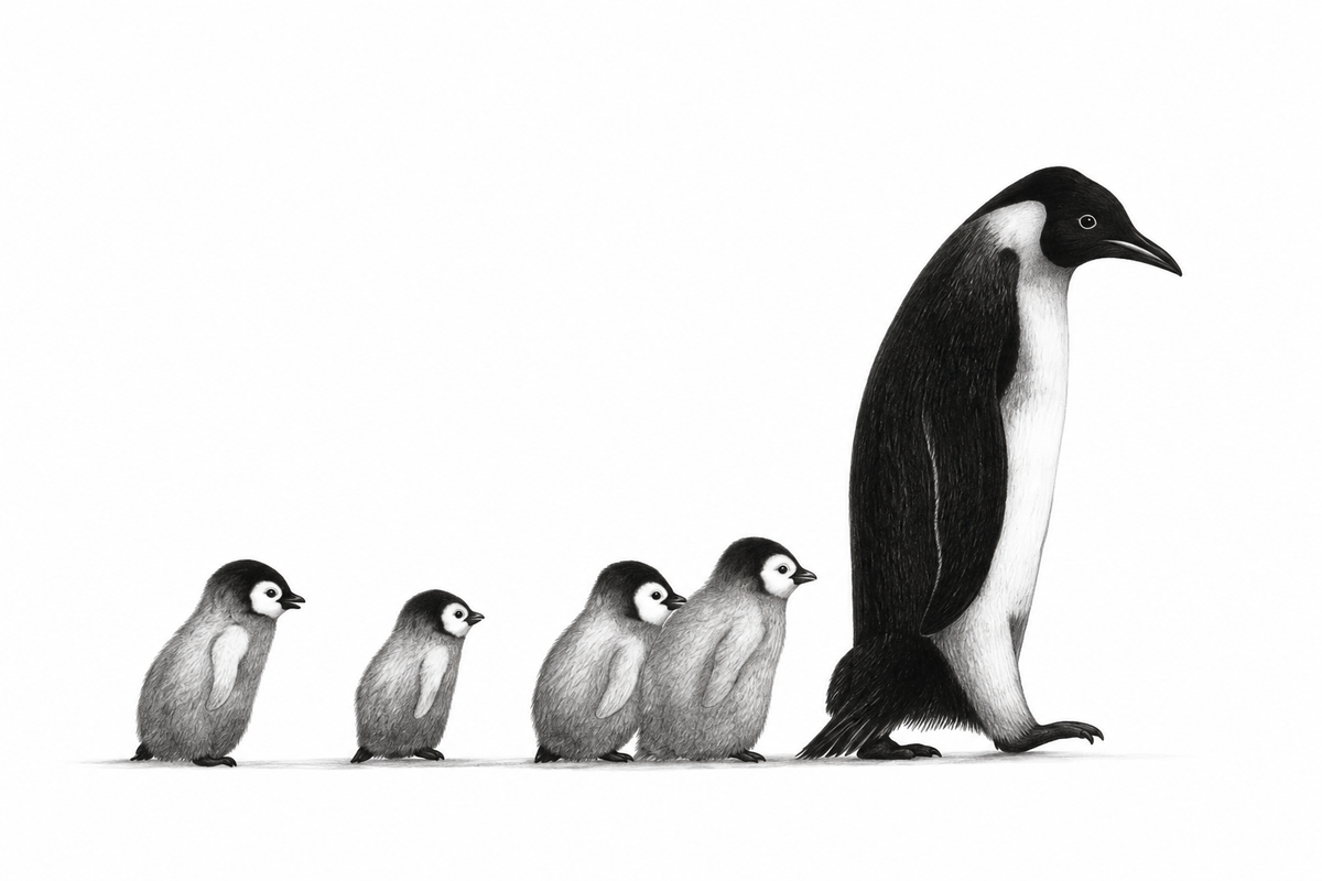 Follow Me. Mother and Baby Penguins Print | Cute Hand-Drawn Wildlife Art – unframed artwork