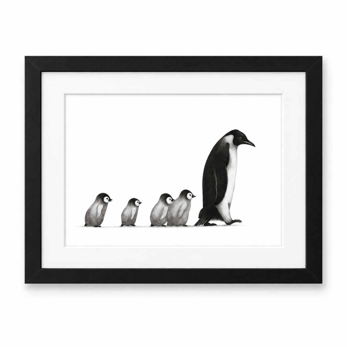 Follow Me. Mother and Baby Penguins Print | Cute Hand-Drawn Wildlife Art – black frame with white mount
