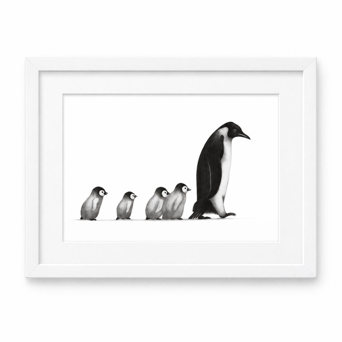 Follow Me. Mother and Baby Penguins Print | Cute Hand-Drawn Wildlife Art – white frame with white mount