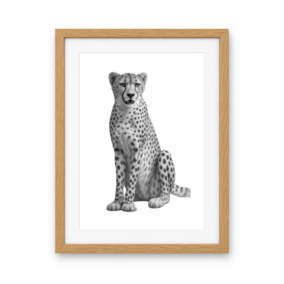 Cheetah in the Wild Print | Detailed Hand-Drawn Wildlife Art – oak frame with white mount