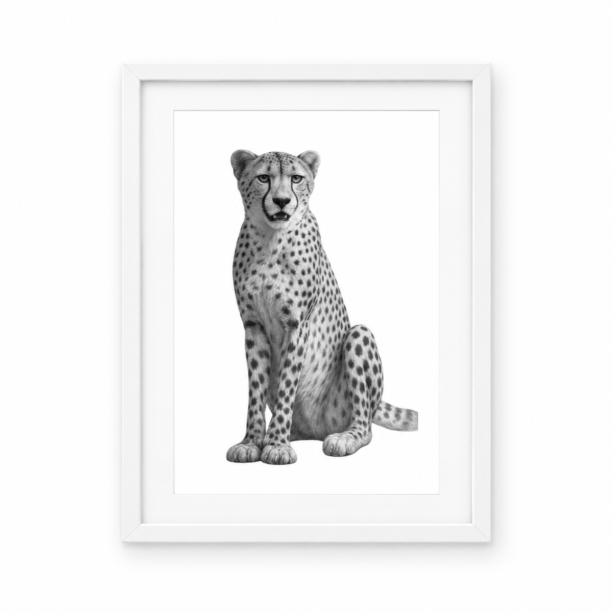 Cheetah in the Wild Print | Detailed Hand-Drawn Wildlife Art – white frame with white mount