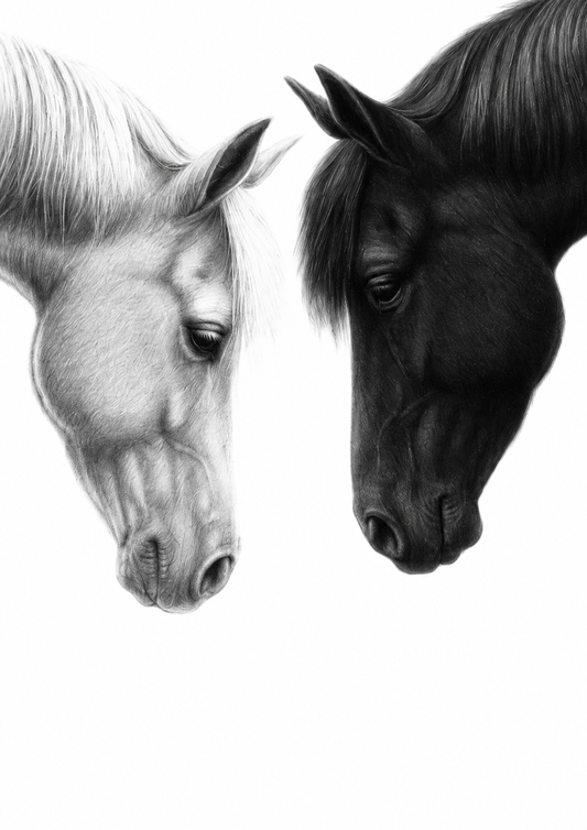 Ebony & Ivory – Horse Couple Print | Hand-Drawn Equestrian Art – unframed artwork