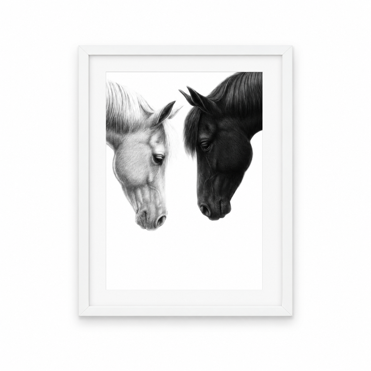 Ebony & Ivory – Horse Couple Print | Hand-Drawn Equestrian Art – white frame with white mount