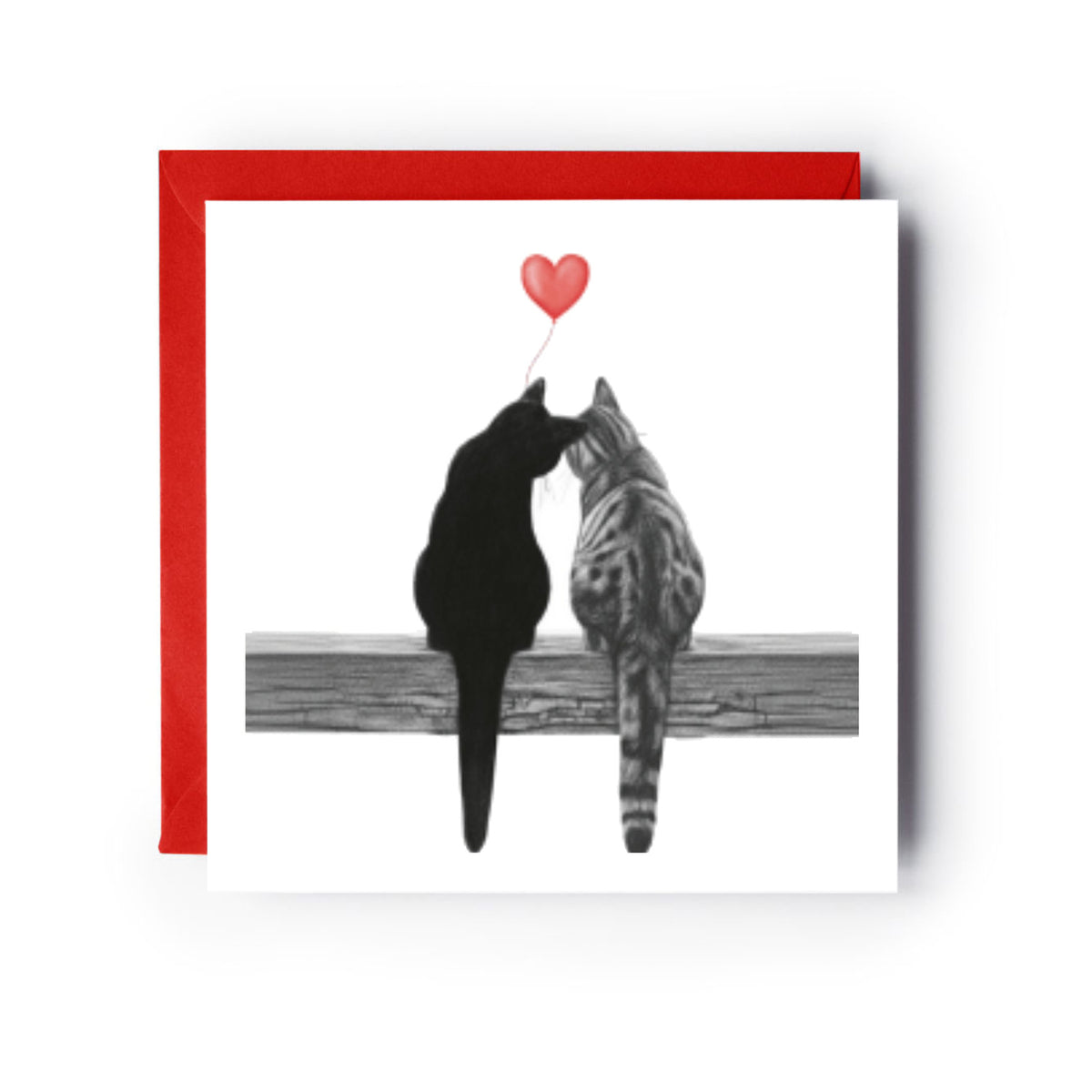 Two Cats Heart Balloon Greeting Card | Cute Cat Love Card — card with red envelope