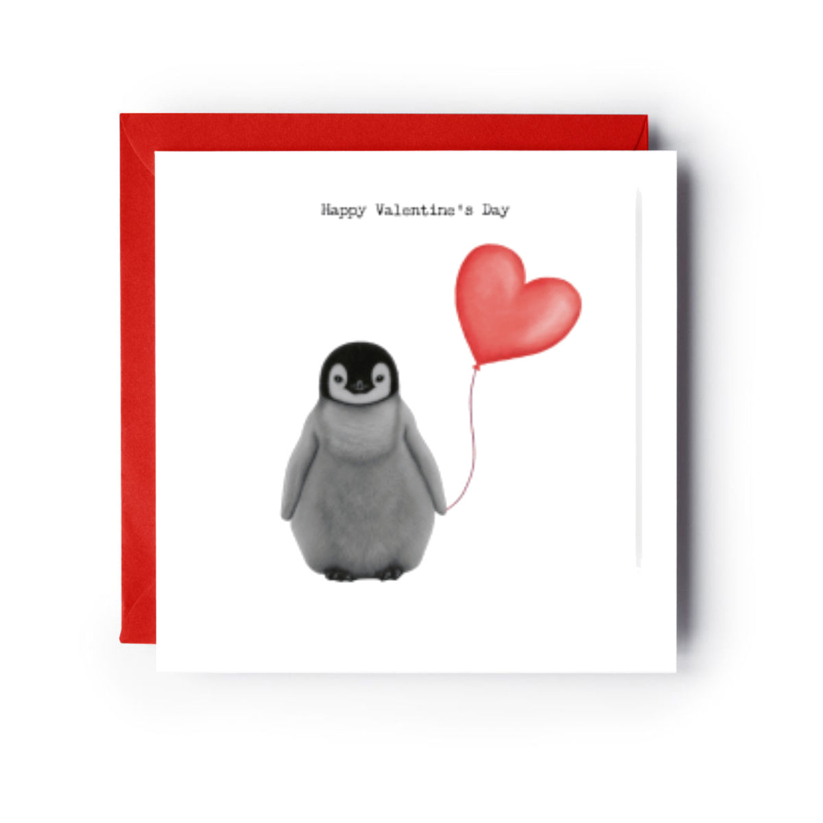 Valentine’s Penguin Greeting Card – Cute Heart Balloon — card with red envelope