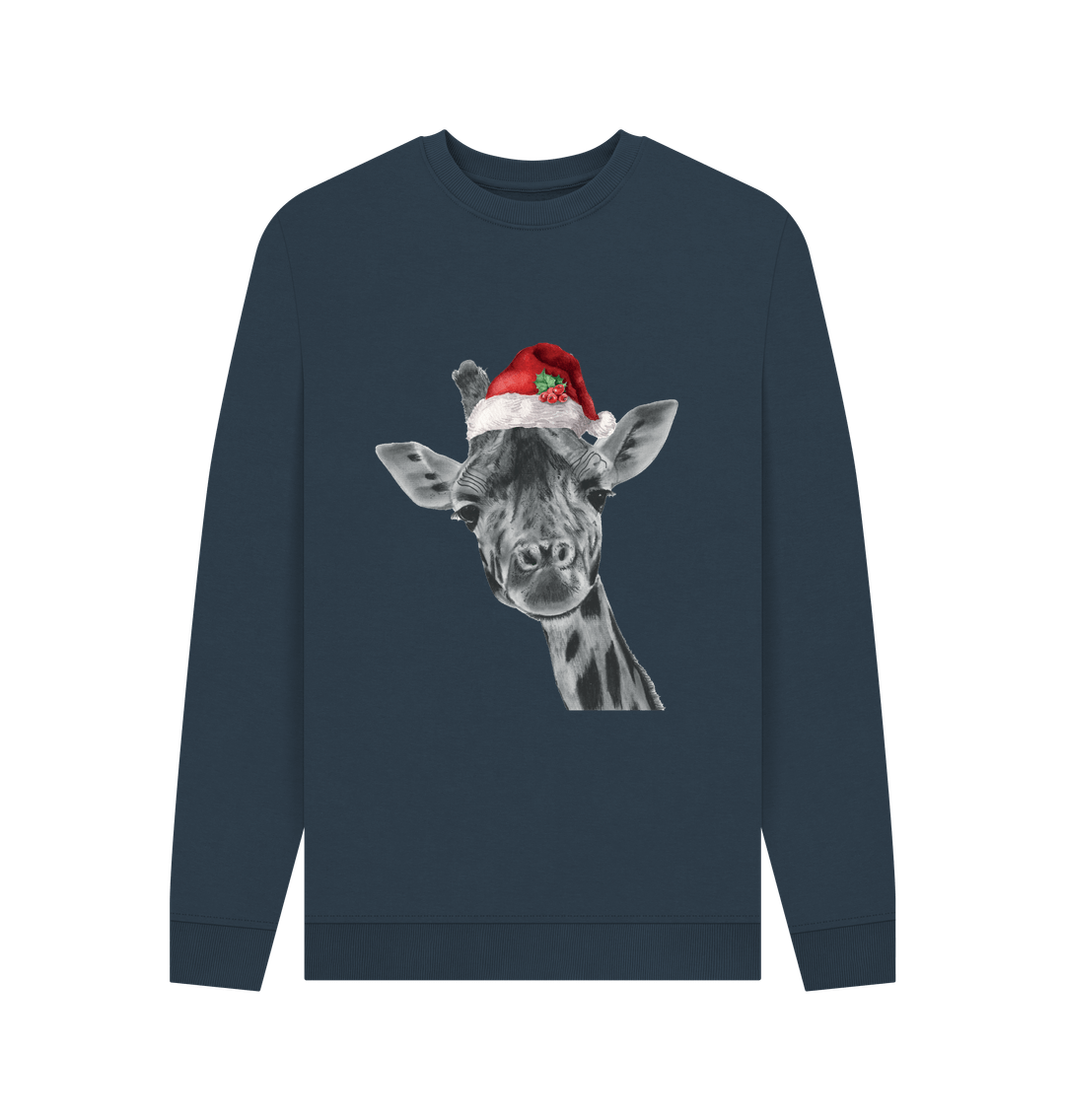 Navy Blue Men's Crew Neck Festive Giraffe Sweater Certified Organic Cotton