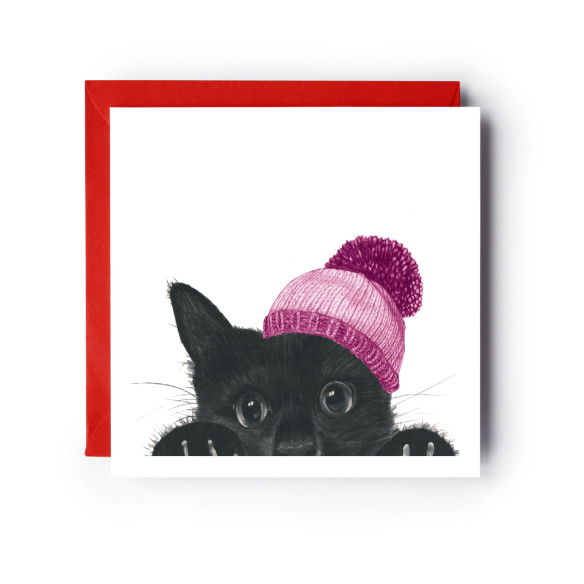 Winter Kitten Christmas Card – Purrfectly Cosy in Pink — card with red envelope