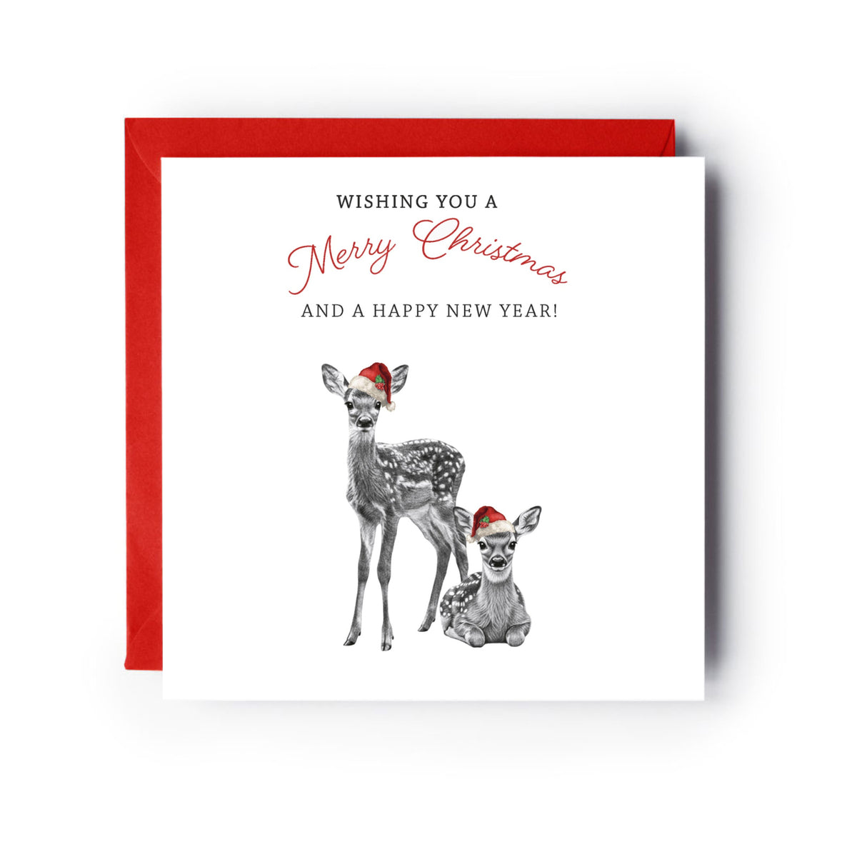 Cute Deer & Fawn Christmas Card – Red Hat Festive Wildlife Design — card with red envelope