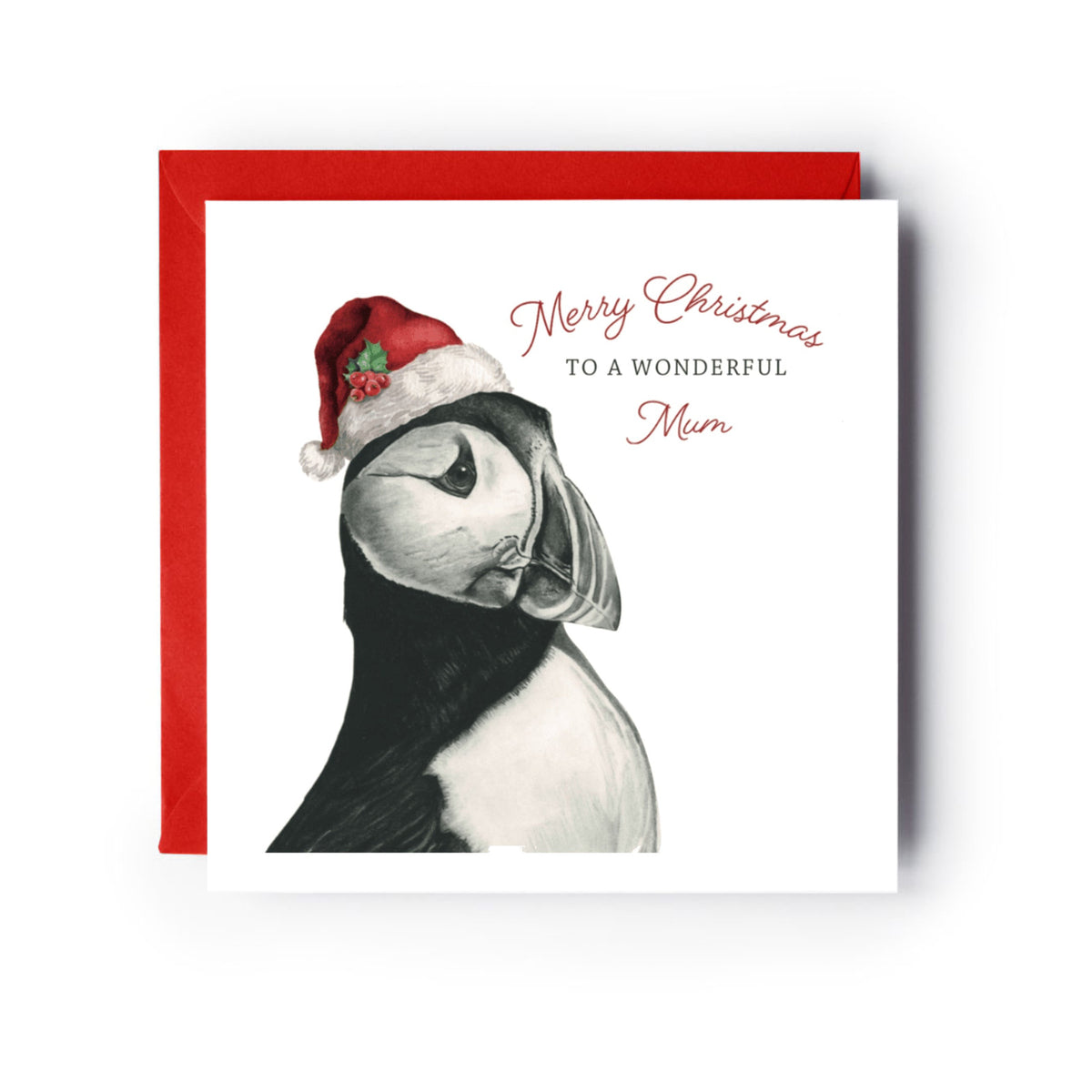 Merry Christmas To A Wonderful Mum – Festive Puffin Christmas Card — card with red envelope