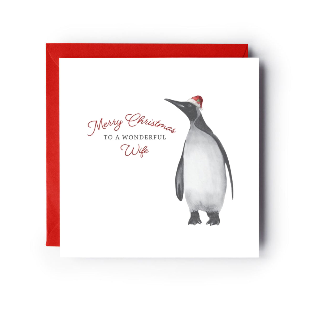 Merry Christmas To A Wonderful Wife Festive Penguin Christmas Card — card with red envelope
