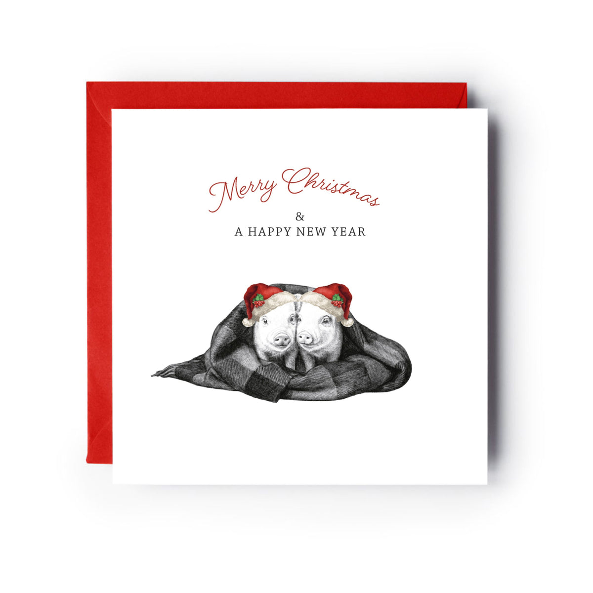 Piggies in the Blanket Christmas Card – Cute Festive Christmas Greeting Card — card with red envelope