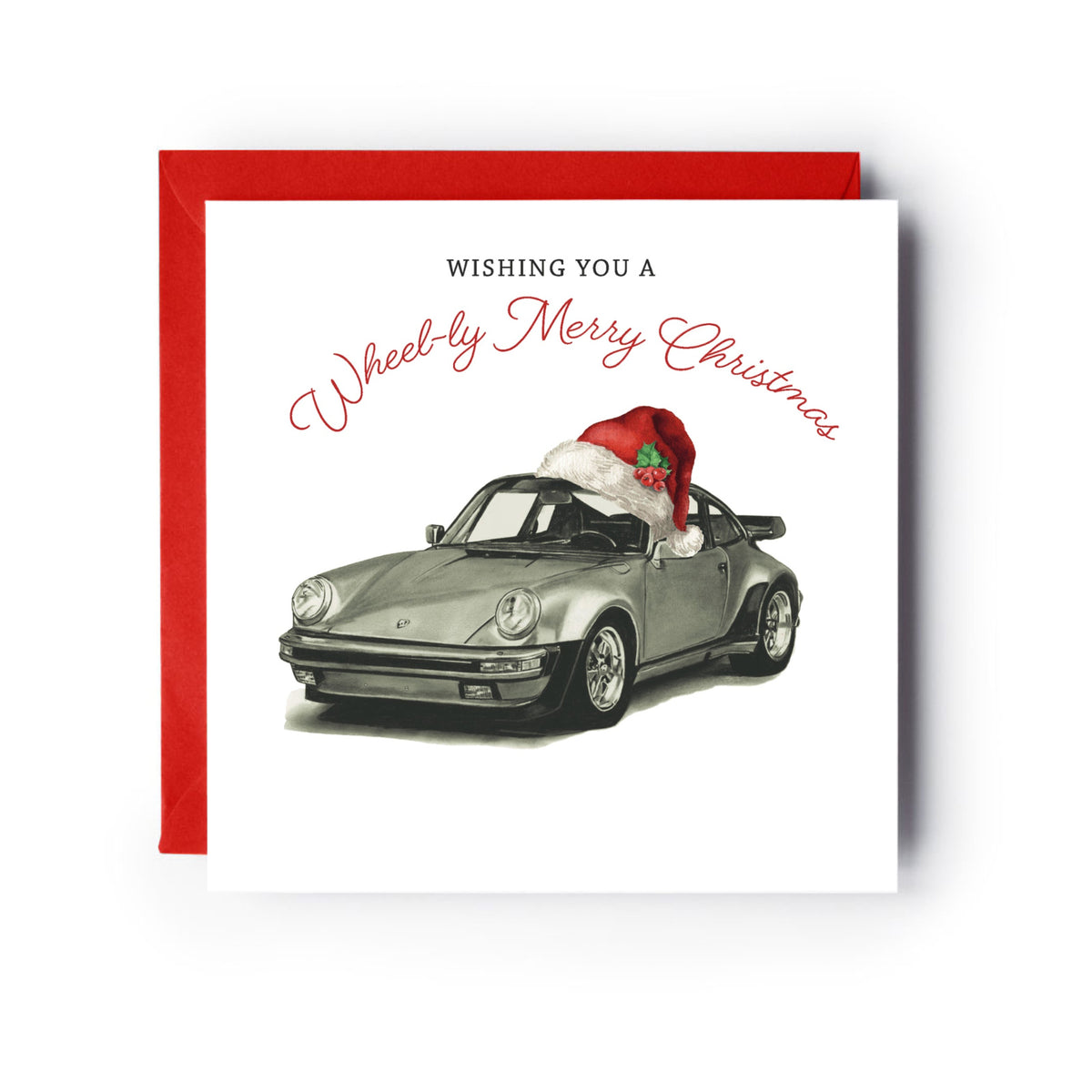 Wheely Merry Christmas Sports Car Card – Red Santa Hat Festive Greeting — card with red envelope