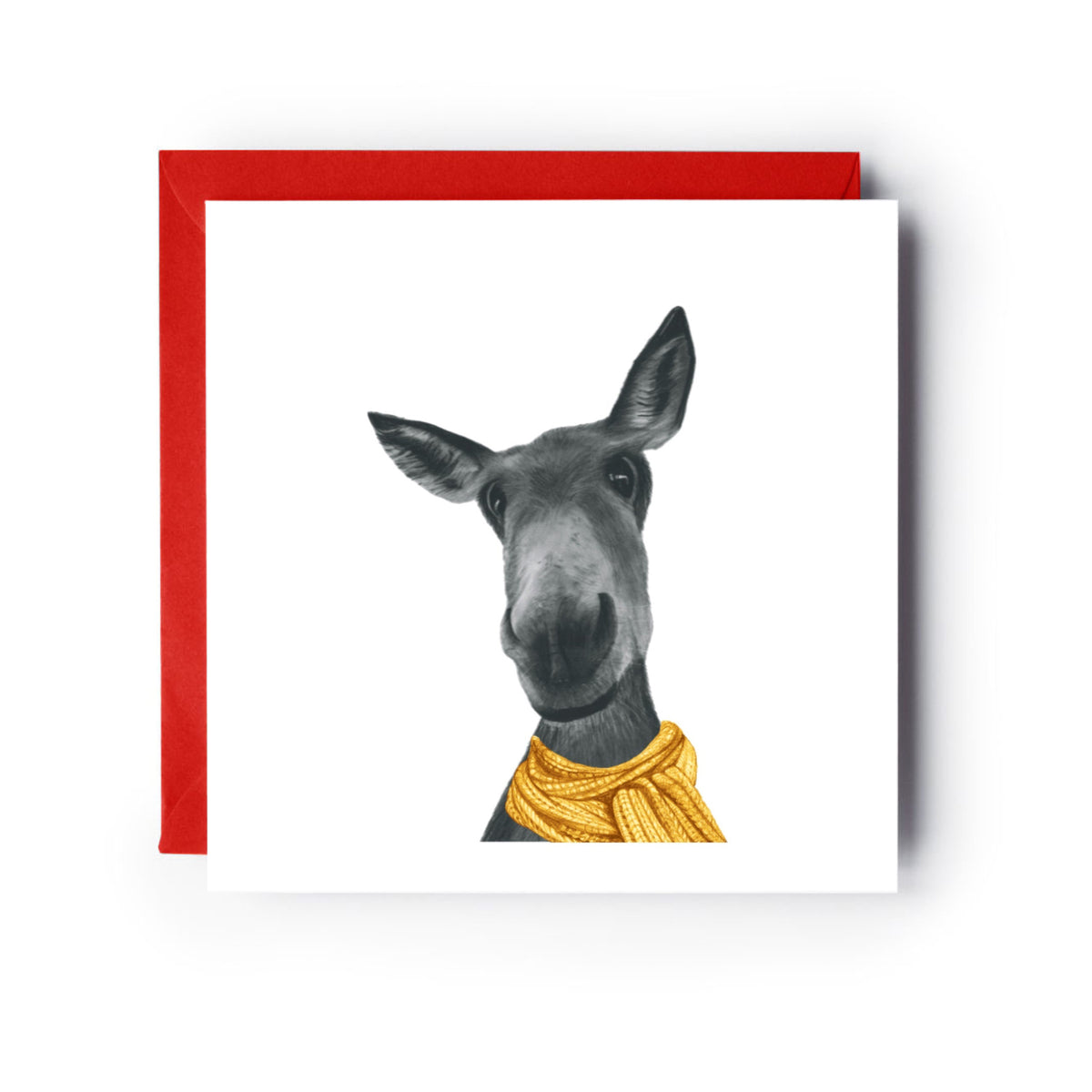 Winter Donkey Christmas Card – Wrapped in Sunshine and Warmth — card with red envelope