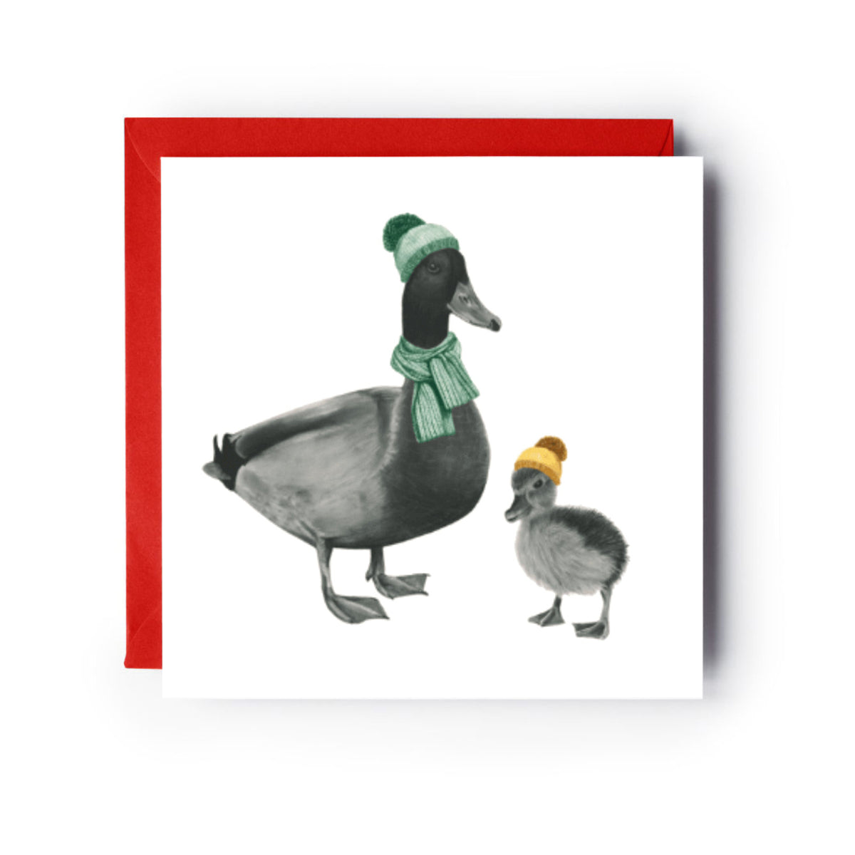 Winter Ducks Christmas Card – Quacking Cute in Bobble Hats & Scarves — card with red envelope