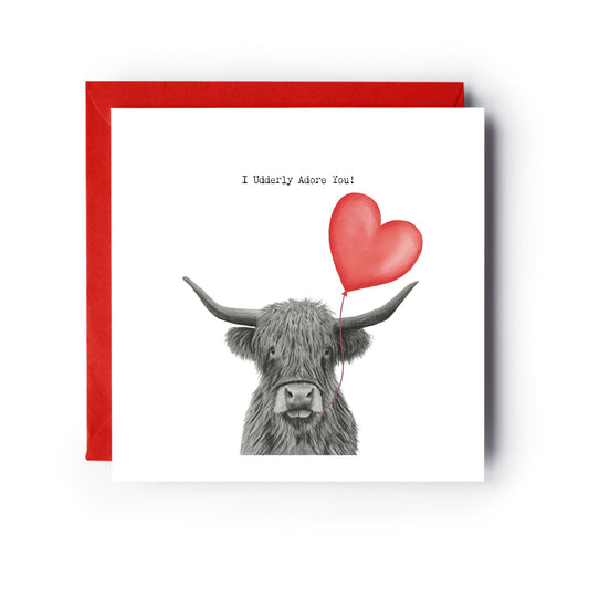 I Udderly Adore You – Highland Coo & Red Balloon Hand-Drawn Greeting Card — card with red envelope