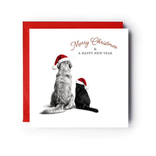 Cat and Dog Hand Drawn Christmas Card — card with red envelope