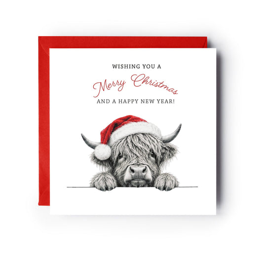 Peeking Highland Coo Cute Christmas Card — card with red envelope