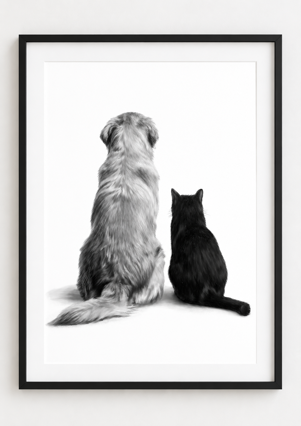 Dog and Cat Friends Fine Art Print — rectangular A4/A3 black frame mockup